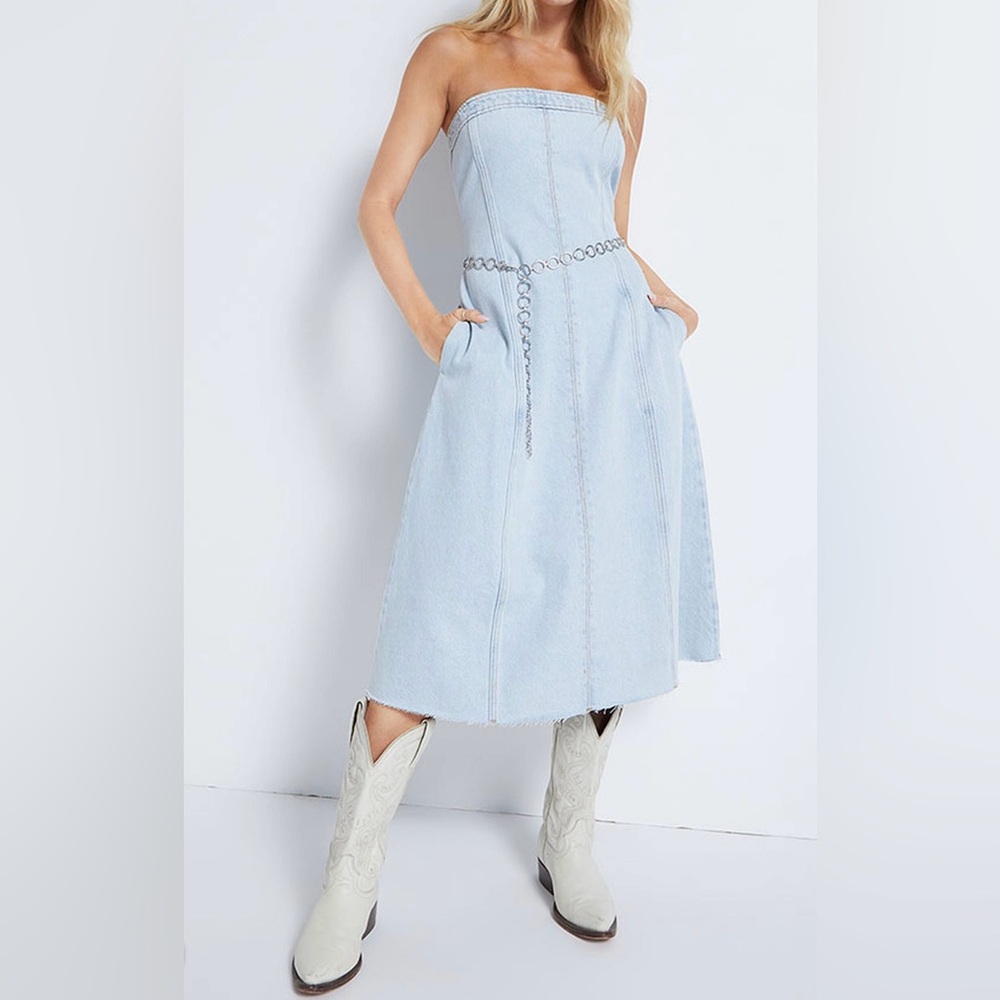 WeWoreWhat x Revolve Rigid Denim Strapless Midi Dress in Super Light Wash Size 2 - Picture 1 of 12